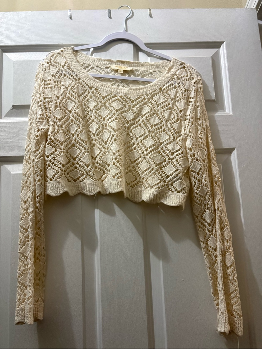 Rebellion Cream Crochet Cropped Long-Sleeve Sweater